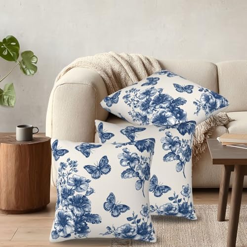 KiuLoam Navy Blue Floral and Butterfly Pillow Covers 20x20 Inch Set of 2, Vintage Chinoiserie Rustic Decorative Throw Pillows, Farmhouse Outdoor Square Cushion Cases for Sofa Couch Bed Home Decor - Image 6