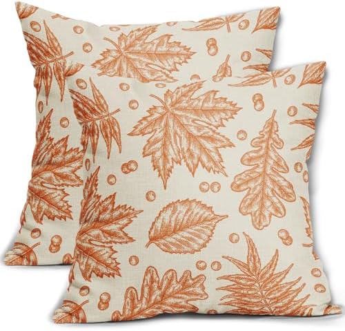 Orange Fall Pillow Covers 16x16 Set of 2 Cream Maple Leaf Print Autumn Colored Harvest Decorative Outdoor Pillowcases Farmhouse Seasonal Throw Cushion Case Decor for Home Couch Sofa Bed by Aytipun