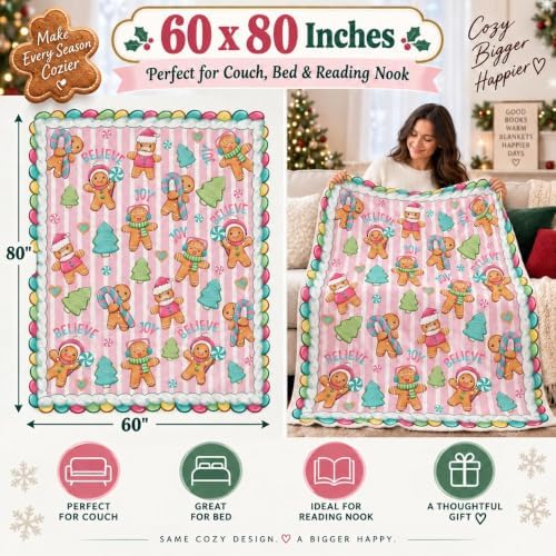 Christmas Gingerbread Blanket 60x80in Pink Striped Holiday Throw - Image 3