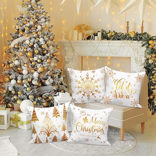 Lanpn White and Gold Bronzing Christmas Throw Pillow Covers 16x16 Set of 4, 16 inch Decorative Xmas Cushion Covers Pillow Cases 16 x 16 for Home Bedroom Room Holiday Couch Decor Decorations - Image 2