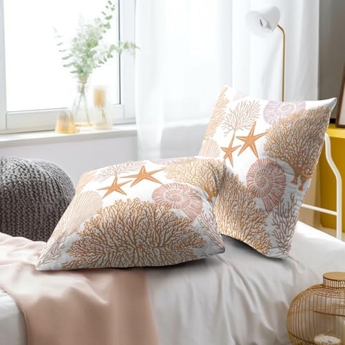 Summer Ocean Themed Nautical Coastal Throw Pillow Covers 22X22 Inches Set of 2 Orange Seashell Starfish Coral Pillowcase Soft Cotton Square Cushion Covers for Home Sofa Patio Bedroom Decoration - Image 6