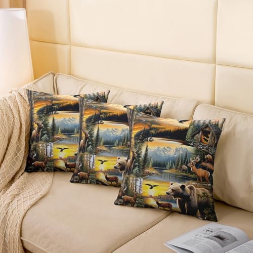 Manfei Lodge Pillow Covers Reversible Print Pack of 2,Rustic Cabin Bear Deer Elk Wild Animal Decorative Cushion Covers,Natural Hunting Adventure Retro Brown Couch Pillow Covers,24"x 24" - Image 4
