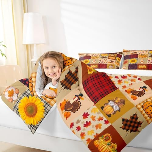 Vintage Fall Comforter Set Queen Size Pumpkin Maple Leaf Sunflower Bedding Set Kids Girls Rustic Farm Plants Quilt Set Teens Women Thanksgiving Turkey Gnome Duvet Insert 3Pcs Yellow Red Plaid - Image 3