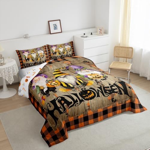 Kids Halloween Gnome Comforter Set Queen Size,Vintage Yellow Black Grid Quilted Duvet Gothic Bat Pumpkin Lantern Bedding Set for Girls Boys Room Decor Rustic Farmhouse Brown Wood Duvet Insert 3Pcs - Image 2
