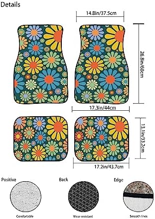 Colorful Hippie Flower Car Floor Mats Set of 4,Abstract Tropical Floral Seamless Pattern Cute Flowers Vehicle Front Rear Carpets Mats Universal Car Floor Rugs Car Accessories for Van Truck
