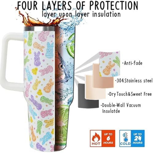 Easter Tumbler 40oz Bunny Cup Coffee Mugs Cute Peeps Chick Leak Proof Cups with Handle and Straw Stainless Steel Vacuum Insulated Water Bottle Easter Gifts Spring Decor (1PCS) - Image 4