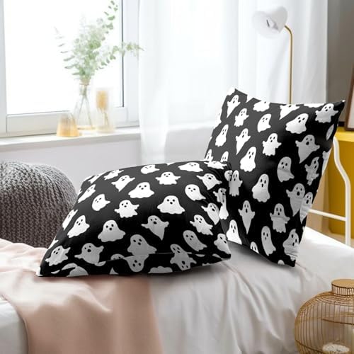 Sweetshow Happy Halloween Throw Pillow Covers 12X12 Inches Set of 2 White Cute Ghost Spooky Black Pillowcase Soft Cotton Square Cushion Covers for Home Sofa Bedroom Decoration - Image 6
