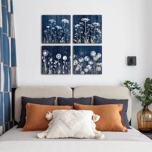 Farmhouse Dandelion Wall Art White Wildflower Canvas Picture for Bathroom Vintage Navy Blue Botanical Flower Painting Contemporary Still Life Plant Wall Decor Office Kitchen Home Decorations 20x20" 4P - Image 2