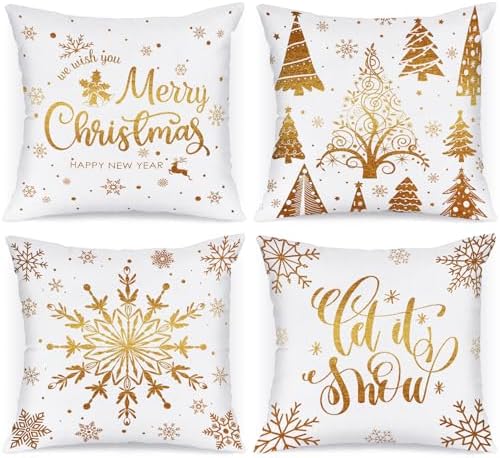 Lanpn Christmas Throw Pillow Covers 12x12 4 pcs, 12 inch White and Gold Bronzing Decorative Xmas Cushion Covers Pillow Cases 12 x 12 for Home Bedroom Room Holiday Couch Decor Decorations by Lanpn