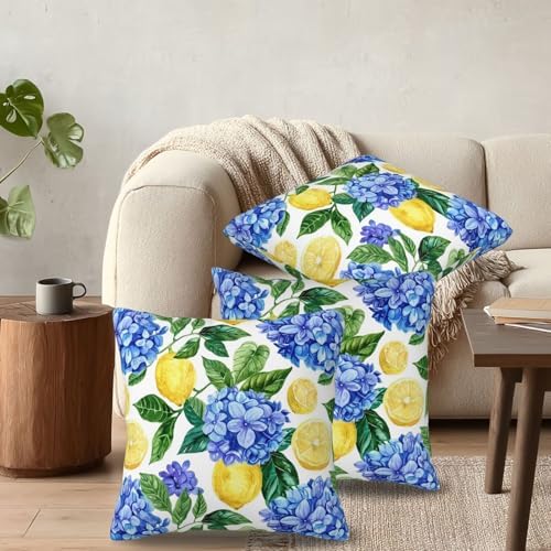 KiuLoam Summer Lemon Hydrangea Pillow Covers 22x22 Set of 2 Blue Yellow Floral Decorative Throw Pillow Covers Outdoor Farmhouse Cushion Cases for Sofa Couch Bed Living Room Decor - Image 6