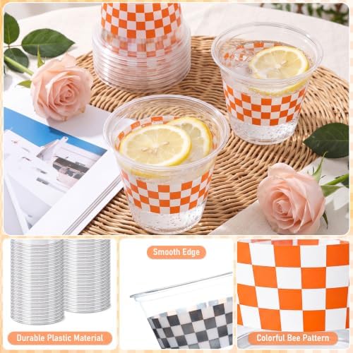 LemonRoad 100 Pcs Orange and White Checkered Plastic Cups 9 oz Race Car - Image 5
