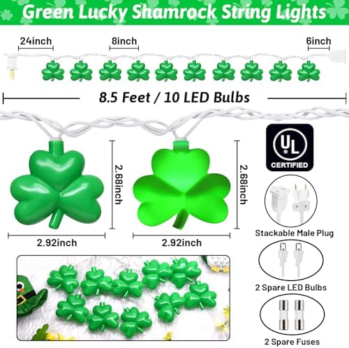 8.5Ft St Patricks Day Lights Outdoor Shamrock Lights String Plug in with 10 LED Lucky Clover for Irish Bedroom Home Garden Party Green Feast St. Patrick's Day Decorations, 0.48W - Image 4