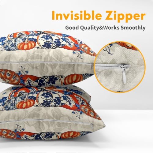 Fall Chinoiserie Pumpkin Throw Pillow Covers 18x18 Set of 2 Autumn Maple Leaves Blue Orange Porcelain Thanksgiving Pillow Covers Grandmillennial for Kitchen Sofa Cushion Outdoor Bedroom Decoration - Image 6