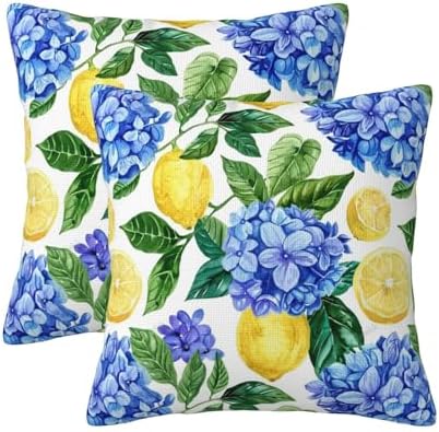 KiuLoam Summer Lemon Hydrangea Pillow Covers 16x16 Set of 2 Blue Yellow Floral Decorative Throw Pillow Covers Outdoor Farmhouse Cushion Cases for Sofa Couch Bed Living Room Decor by KiuLoam