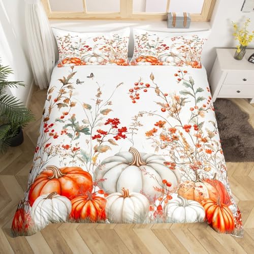 Erosebridal Fall Pumpkin Comforter Cover for Kids, Harvest Thanksgiving Bedding Set King Size Autumn Flower Leaf Duvet Cover for Teens Adult, Rustic Farmhouse Country Quilt Cover,2 Pillow Cases - Image 4