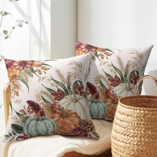 Fall Thanksgiving Pillow Covers 22x22 Set of 2 Colorful Pumpkin Wheat Leaves Pinecones Outdoor Throw Pillows Covers Autumn Harvest Decorative Farmhouse Cushion Case for Room Couch Sofa - Image 7