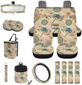 15Pcs Car Seat Cover Full Set Car Steering Wheel Cover Seat Belt Cover Trash Bin Air Vent Storage Box Front Rear View Mirror Car Cup Holder Keychain, Dragonfly Boho Mandala Beige