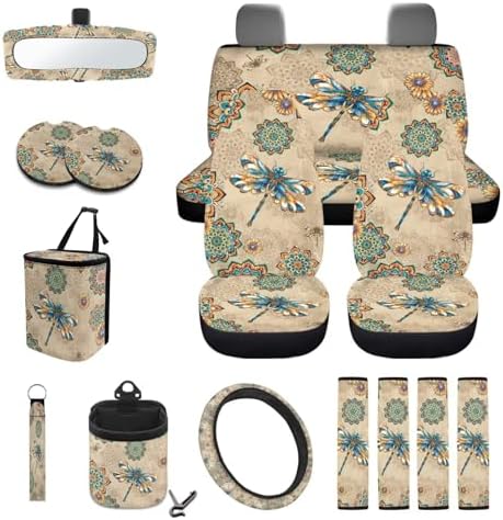 15Pcs Car Seat Cover Full Set Car Steering Wheel Cover Seat Belt Cover Trash Bin Air Vent Storage Box Front Rear View Mirror Car Cup Holder Keychain, Dragonfly Boho Mandala Beige