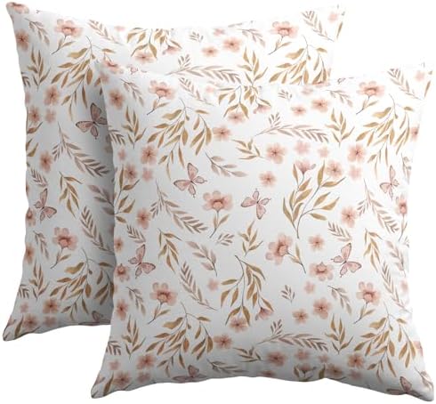 Spring Pink Floral Pillow Covers 20x20 Set of 2 Flower Leaf Throw Pillow Covers Pillowcase Linen Decoration Farmhouse Soft Decorative Butterfly Vintage Cushion Case Couch for Indoor Outdoor Home Decor by Unknown