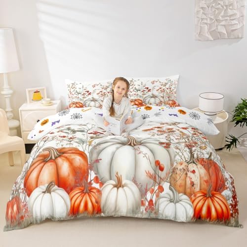 Erosebridal Fall Pumpkin Comforter Cover for Kids, Harvest Thanksgiving Bedding Set King Size Autumn Flower Leaf Duvet Cover for Teens Adult, Rustic Farmhouse Country Quilt Cover,2 Pillow Cases by Erosebridal