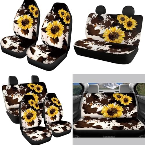 Brown Cow Sunflower Car Seat Covers 12Pcs Cow Car Accessories Interior Sets with Universal Fit Auto Steering Wheel Covers Seatbelt Pads Keychain Cup Holder Coaster for Women,Men,Fit Most Cars