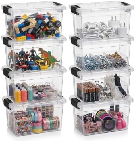 Superio 1.4 Quart Mini Clear Plastic Storage Container with Lid, Stackable Small Organizer Box for Crayons, Art Supplies, Beads, Sewing, Stationery & Food Storage, 8 Pack by Superio