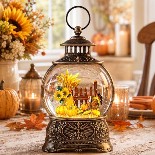 Halloween Christmas Fall Snow Globes Thanksgiving Water Lantern Swirling Glitter Snow Globe for Autumn Harvest Day Decorations Home Fall Decor Gifts (Turkey & Pumpkins) by ZQQLITE