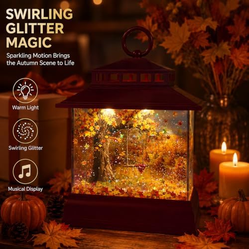 Fall Snow Globe Lantern, Musical Glitter, 6 Hour Timer, Autumn Home Decor - Image 3