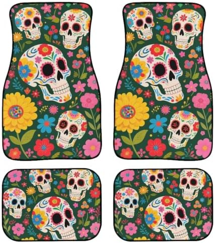 Boho Skulls Car Carpet Floor Mat Skull Rubber Heel Pad 4PC for Cars Trucks SUV Protection - Driver Seat Dark Purple Passenger Seat and Rear Floor Mats
