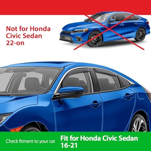 Goodyear Shatterproof in-Channel Window Deflectors for Honda Civic 2016-2021 Sedan, Rain Guards, Window Visors for Cars, Vent Deflector, Car Accessories, 4 pcs - GY008069