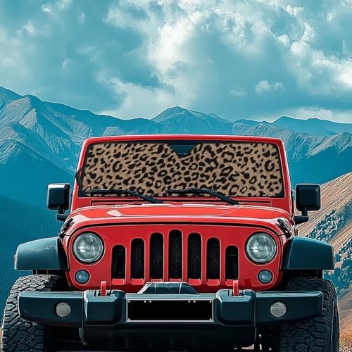 Renewold Leopard Print Automotive Front Windshield Sunshade for Jeep Wrangler Sunlight UV Rays Heat Blocker Sun Visor Shield Suitable for Jeep Gladiator JT 2020-2023 Car Accessories Interior Sun Shade