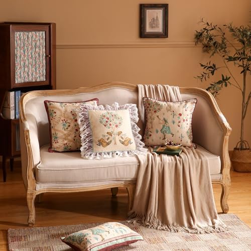 patdrea Designer Pack of 2 Square Throw Pillow Covers,Farmhouse Vintage Linen with Beige Ancient Idyll Pattern Pillows Cover,Decorative Pillowcases Cushion for Bed Living Room Outdoor Car,18"x18" - Image 6