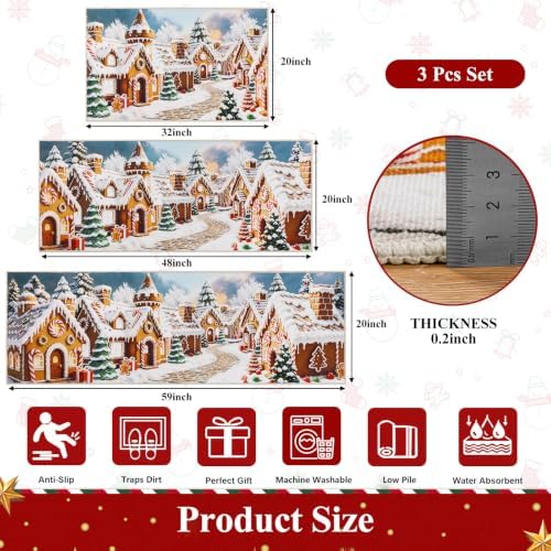 U'Artlines Christmas Kitchen Rugs and Mats Set of 3, Gingerbread Village - Image 2