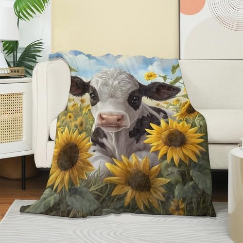 Cute Cow & Sunflower Blanket, Soft Warm Cozy Throw Gifts for Adults Kids Women, Lightweight Comfy Fuzzy Flannel Blankets for Couch, Travel, Car, Home Decor 50×40 Inch - Image 2