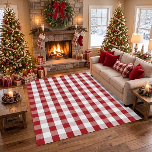 Christmas Red and White Plaid Area Rug 5 x 7 Feet, Cotton Hand-Woven Buffalo Check Rug, Washable Holiday Floor Mat for Living Room, Bedroom and Farmhouse Home Decor by Homydecor
