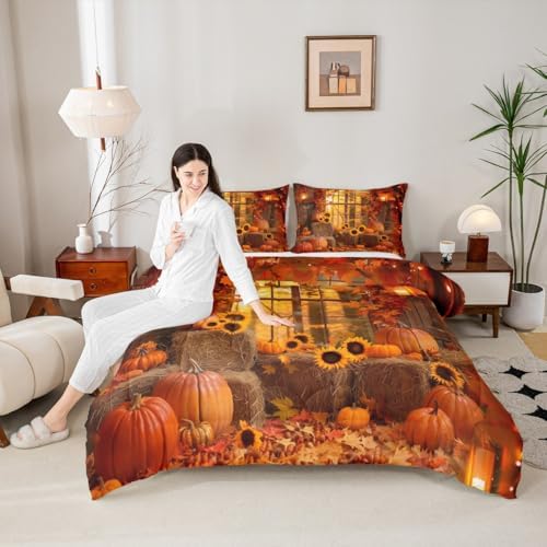 Feelyou Fall Bedding Set for Girls Boys Kids King Size Maple Leaves Comforter Cover Room Decor Pumpkin Daisy Duvet Cover Dark Orange Quilt Set - Image 5