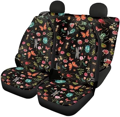 Full Set of 4 Packs Botanical Flower Floral Moth Dragonfly Car Front & Rear Seat Covers Insect Butterfly Fern Pattern Car Seat Covers Auto Split Bench Protector SUV Accessories for Women