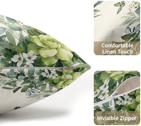 Spring Pillow Covers 12x20 Set of 2 Green Floral Throw Pillow Covers Rustic Pillowcase Linen Decoration Farmhouse Soft Decorative Summer Cushion Case Couch for Indoor Outdoor Home Decor - Image 5