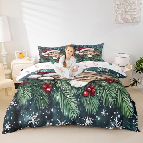 Manfei Cute Cat Kids Duvet Cover Set Queen Size,Winter Holly Berries Snowflake Girls Boys Bedding Set,Animal Merry Christmas Poinsettia Room Decor,Dark Green Quilt Cover,2 Pillowcases(No Comforter) - Image 3