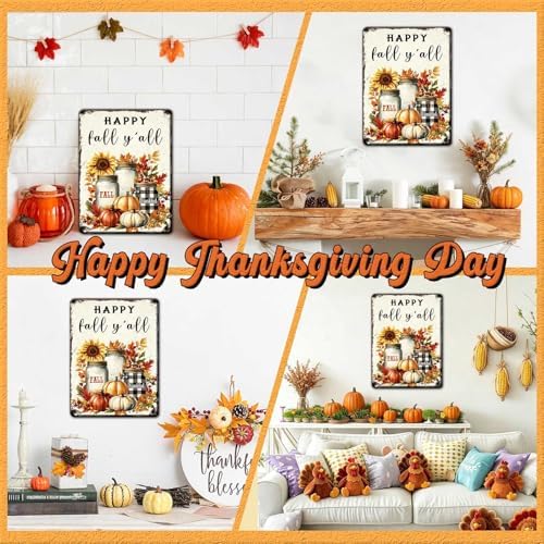 Thanksgiving Day Retro Tin Sign Happy Fall Y'all Metal Wall Art for Studios Home Office Hotel Restaurant Patio 12x16Inch - Image 4