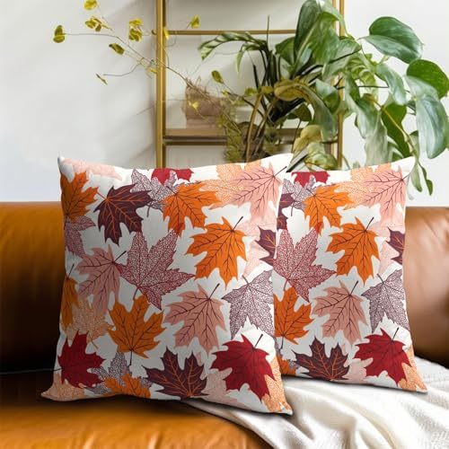 Fall Leaves Throw Pillow Covers 22X22 Inches Set of 2 Thanksgiving Autumn Harvest Maple Leaf Pillowcase Soft Cotton Square Cushion Covers for Home Sofa Bedroom Decoration - Image 6