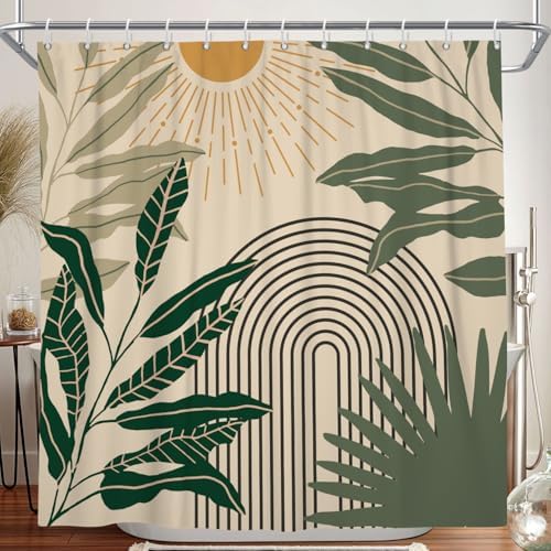 Boho Mid Century Shower Curtains for Bathroom, Modern Abstract Leaf Arch Sunset Pattern Botanical Geometric Bohemian Shower Curtain Waterproof Fabric Bath Decor with Hooks,Beige 60x72 Inch by Duluxykl