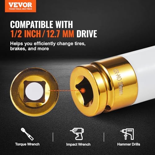 VEVOR 9-Piece Lug Nut Impact Socket Set 1/2 Inch Drive, Metric and SAE, 6-Point, CR-MO, Deep Wheel Protector Impact Socket Set With Storage Case and Extension Bar for Auto Repair - Image 2