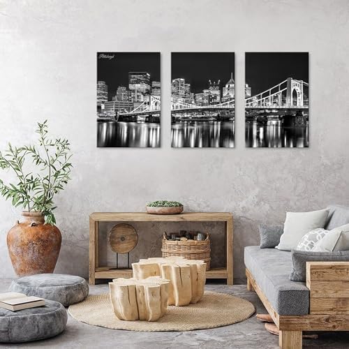 Black and White Pittsburgh Skyline Wall Art for Living Room USA Pennsylvania Cityscape Picture Wall Decor Night View Downtown City Building Skyscraper Panoramic Artwork Bedroom Decoration 24x36" 3P - Image 4