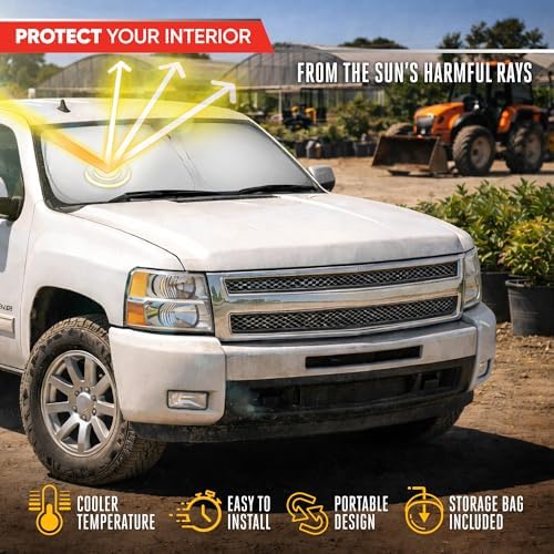 Motor Trend Custom Fit GMC Sierra & Chevy Silverado Windshield Sun Shade - Fits All (2007-2013) Trims - Car Windshield Sunshade Sierra & Silverado Accessories - Automotive Interior Protection