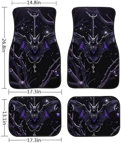 Gothic Bat Car Rubber Floor Mat Halloween Bat Chain Shackle 4PCS Front and Rear Mats Rubbers Non-Slip Floor Mats Heel Pad Realistic Bats Thorn Fit for SUV Van Truck Car