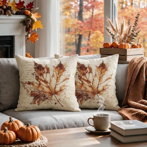 Vintage Fall Pillow Covers 18x18 Set of 2, Rustic Maple Leaf Autumn Themed Thanksgiving Decorative Throw Pillow Cases Holiday Outdoor Seasonal Farmhouse Decor for Sofa Couch Bed - Image 2
