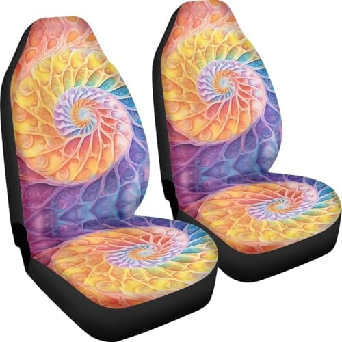 Fractal Art Car Seat Covers Universal Accessories 2 Pcs Set, Rainbow Tie-dye Car Accessories for Auto Trucks Van SUV, Fractal Spiral Auto Interior Protector Set
