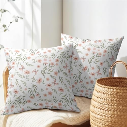 Spring Pillow Covers 20x20 Set of 2 Sage Green Pink Floral Throw Pillow Covers Boho Pillowcase Linen Decoration Farmhouse Soft Decorative Butterfly Cushion Case Couch for Indoor Outdoor Home Decor - Image 5