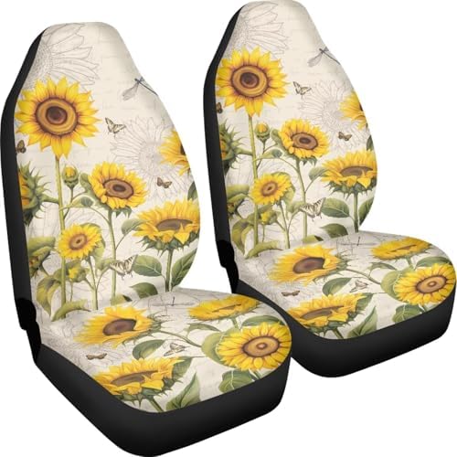 Sunflower Dragonfly Car Seat Covers Full Set of 2 Automobile Front Seat Covers Vehicle Accessories Carseat Seat Covers Cushion Pad Mat for SUV Trucks Chairs Vans Auto